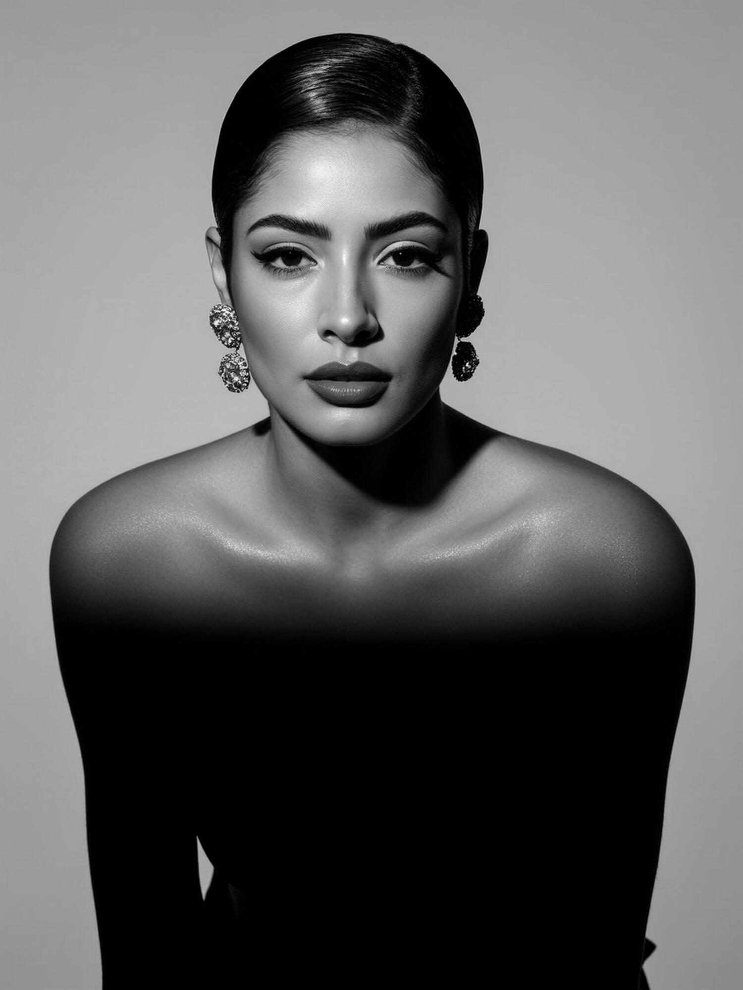 Baseerat Al- Rumayyan in a black and white photograph capturing a woman, emphasizing her expression and the contrast of light and shadow.